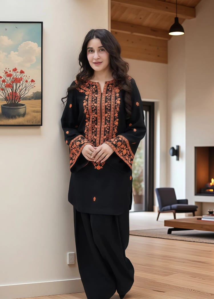 BLACK AND ORANGE WINTER COTTON DRESS