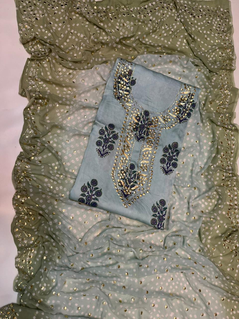 BLOCK PRINT SHIRT AND CHUNRI DUPATTA WITH MUKESH WORK