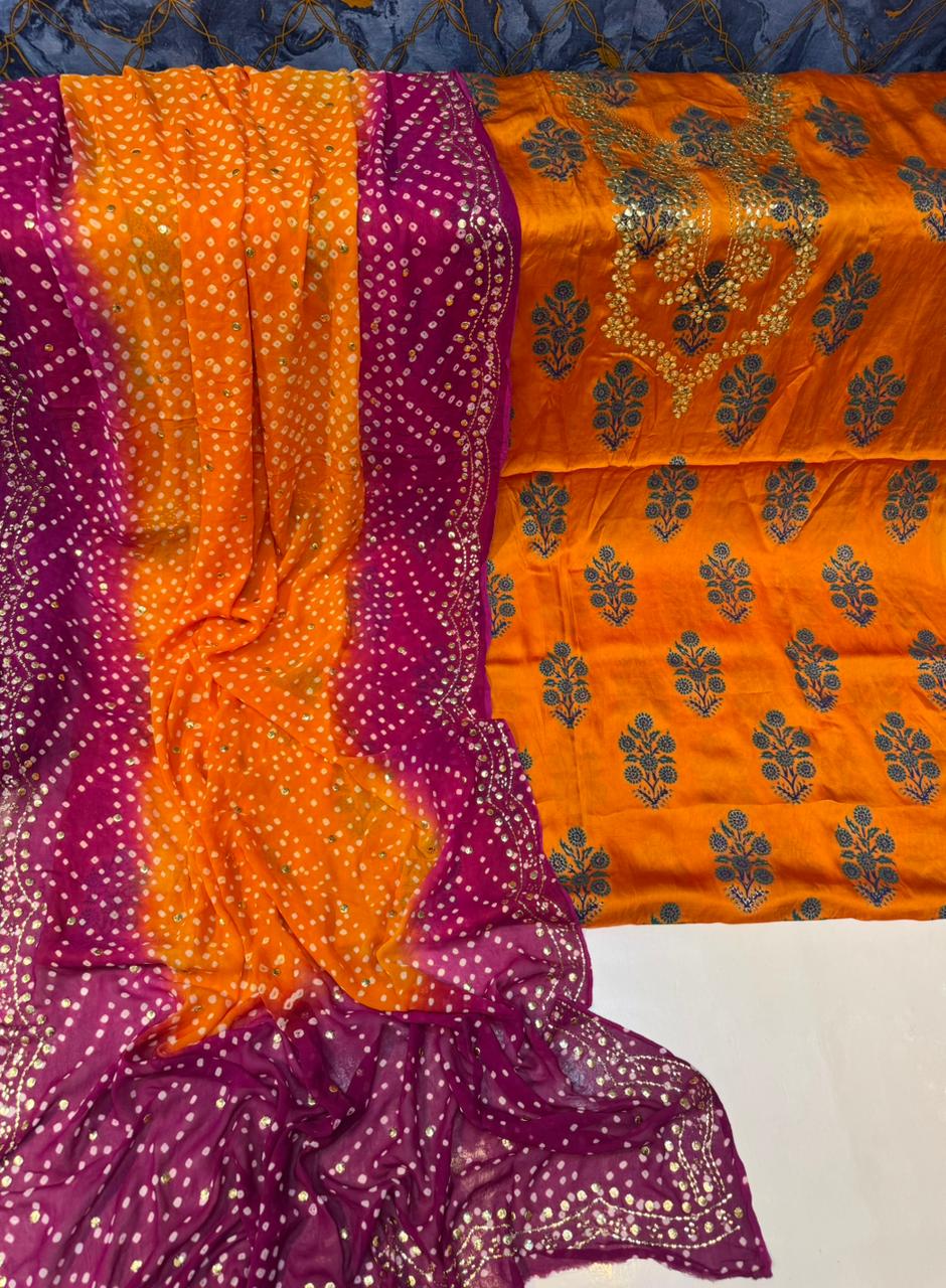 BLOCK PRINT SHIRT AND CHUNRI DUPATTA WITH MUKESH WORK