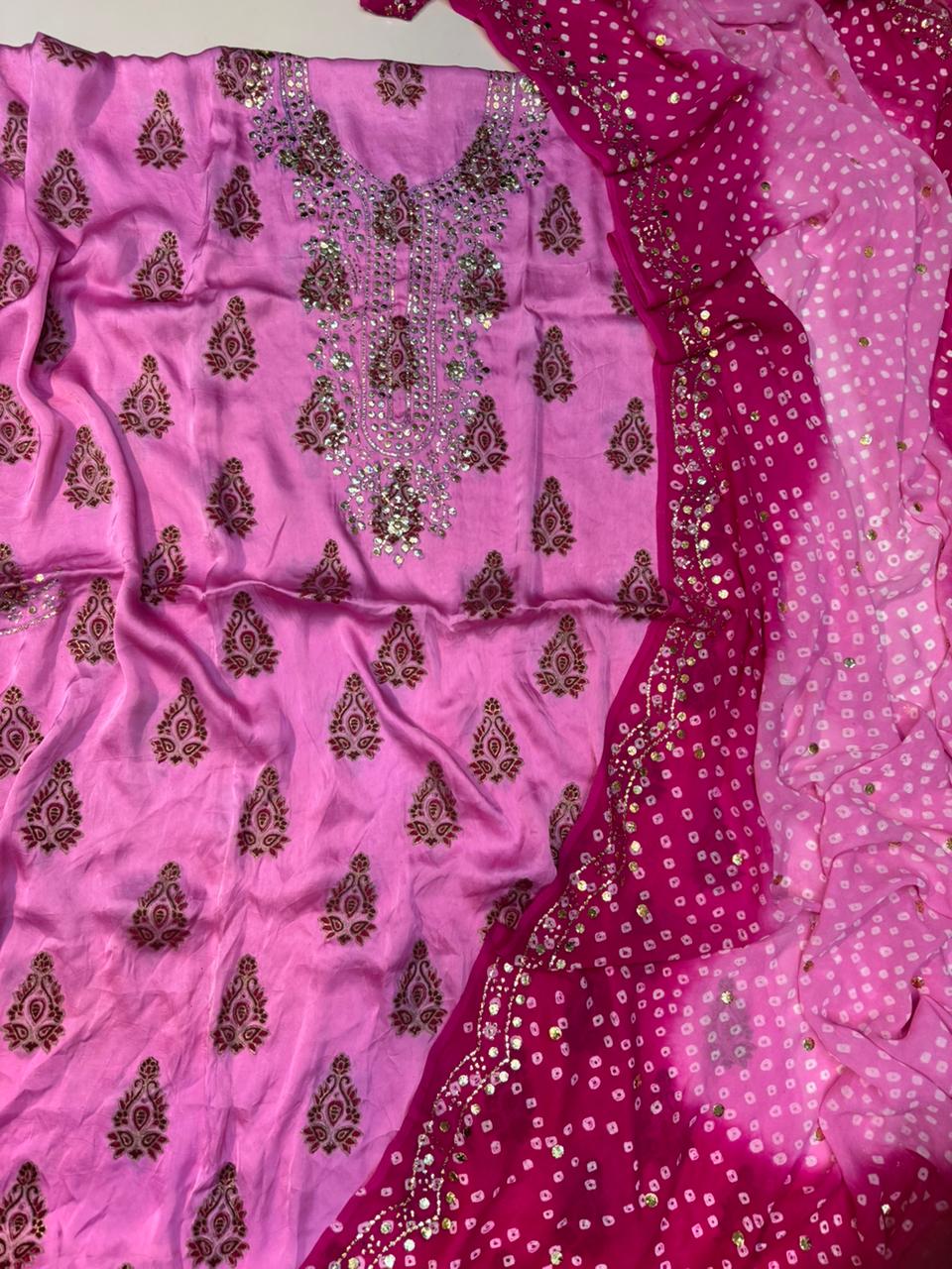 BLOCK PRINT SHIRT AND CHUNRI DUPATTA WITH MUKESH WORK