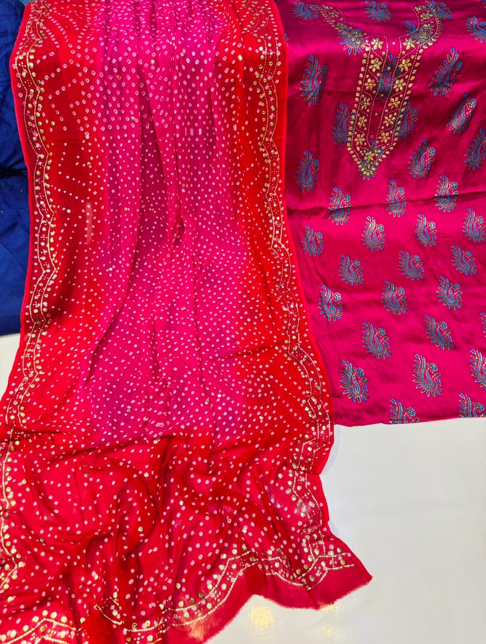 BLOCK PRINT SHIRT AND CHUNRI DUPATTA WITH MUKESH WORK